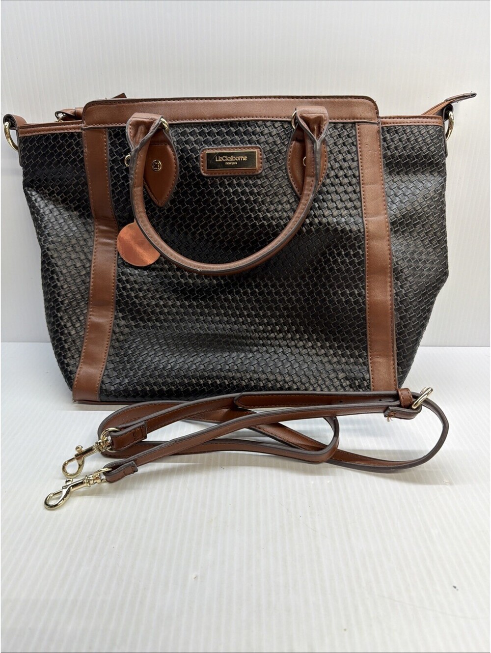 Liz Claiborne Elegant Woven Brown LARGE Tote Shoulder Commuter Computer Bag Luck
